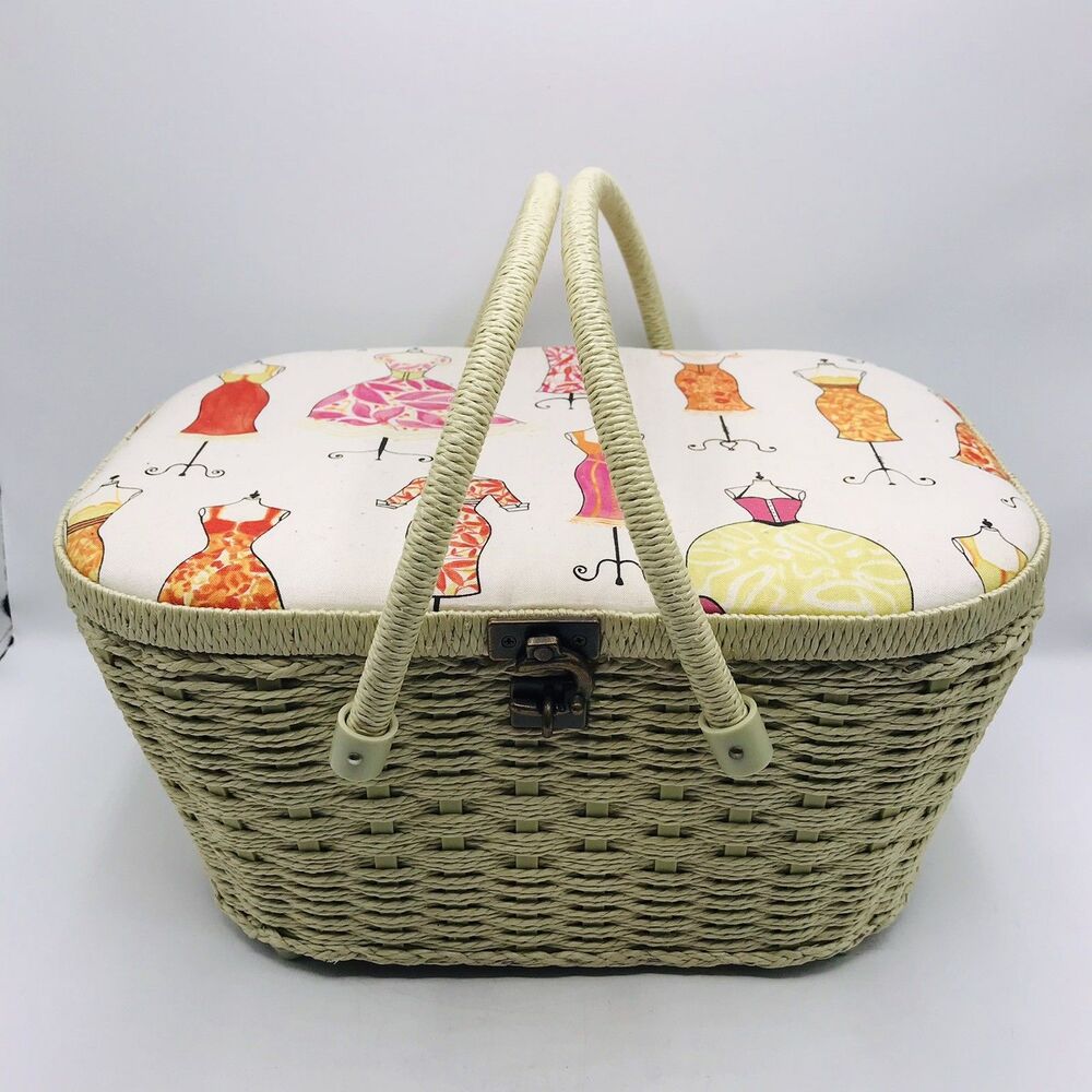 Modern Sewing Basket Cream Pink Woven Wicker Like w/Inside Tray Handle Cottage
